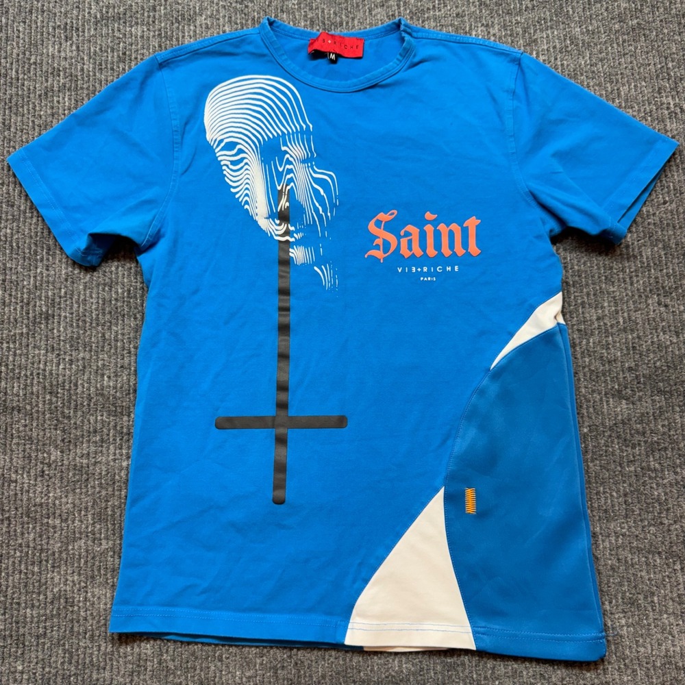 Vie Riche Paris Mens Saint Sinner Graphic T-Shirt Blue Size M Short Sleeve